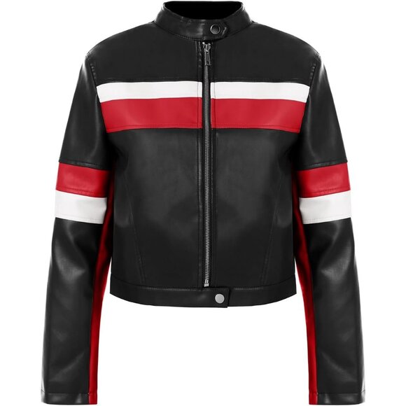 Women's Cropped Moto Biker Jackets Faux Leather Bomber Jacket Racing Black - Picture 5 of 5